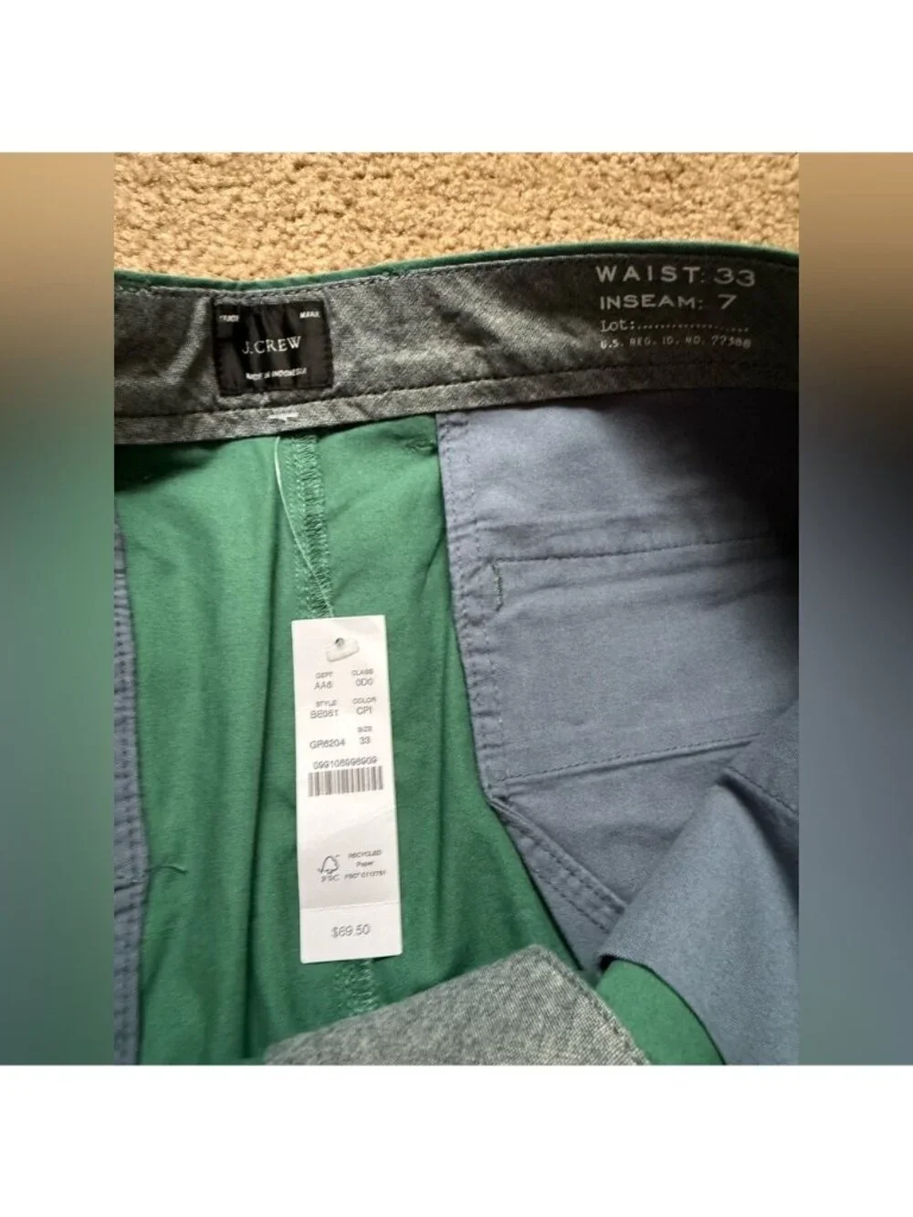 J.Crew Stanton Khaki Chino Shorts Mens 33 Cotton Twill 7” Inseam Teal Green